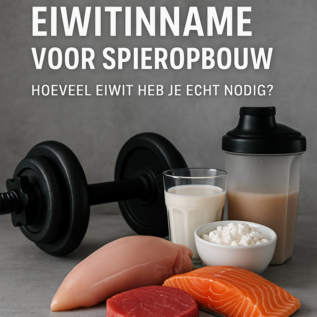 optimale Eiwitinname voor spieropbouw: dumbbell, proteïneshake, melk, kipfilet, zalm, rundvlees en cottage cheese op tafel